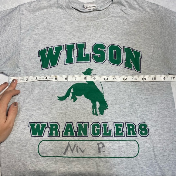 Vintage T Shirt School Wilson Wrangler Cowboy Heather Gray Gym Muscle Niv Green - Picture 4 of 6